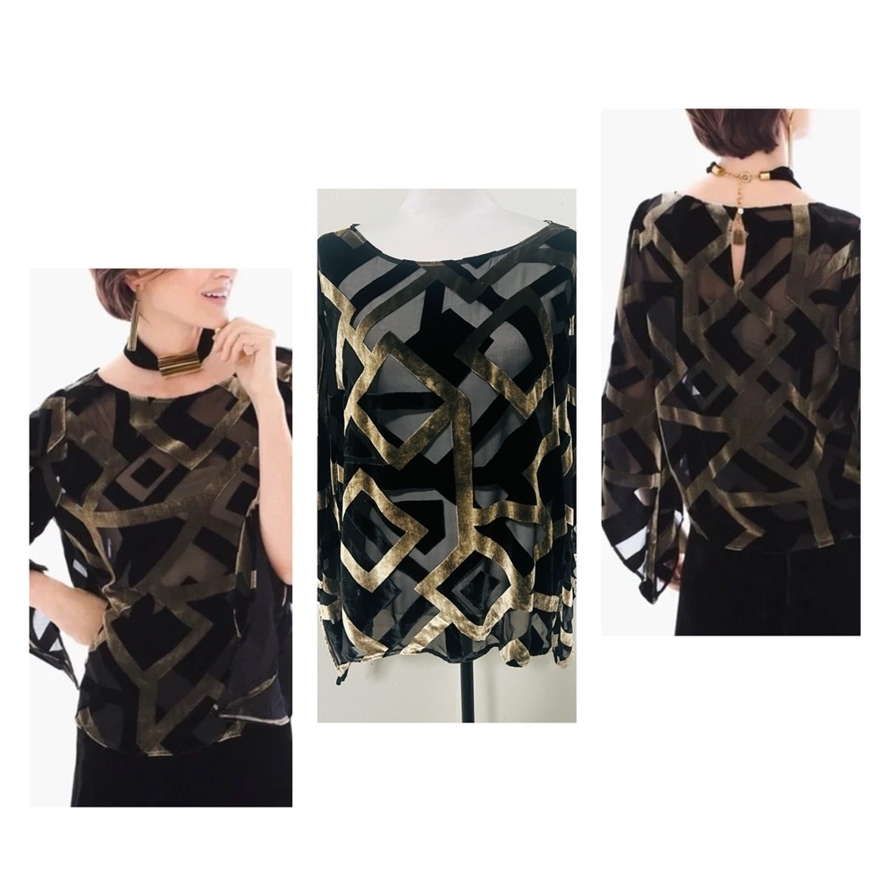 Chico's Black Label Burnout Velvet Top Women’s Size XLarge Geometric Open Sl EUC